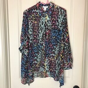 Peck & Peck Women's Multi Color Leopard Print Chiffon Button Down Shirt Top L